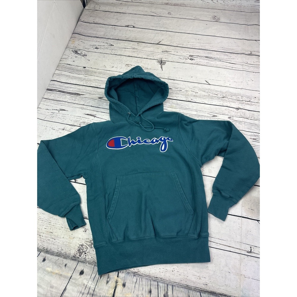 Champion Reverse Weave Chicago Hoodie Teal Green XS‎ RARE Script Logo